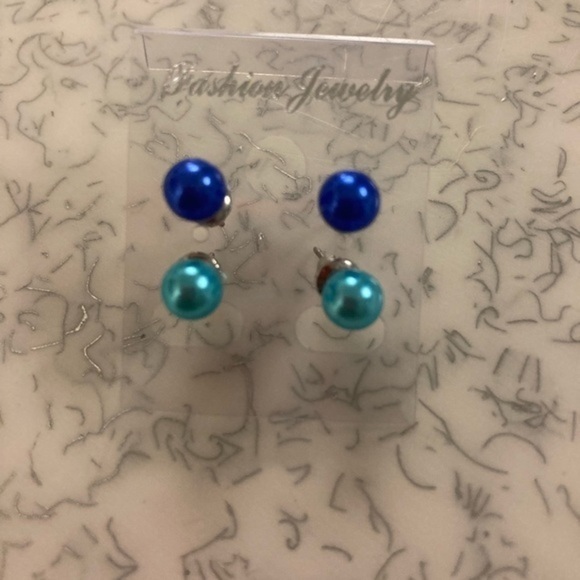 Handmade Blue Faux Pearl Stud Earrings - Picture 1 of 1